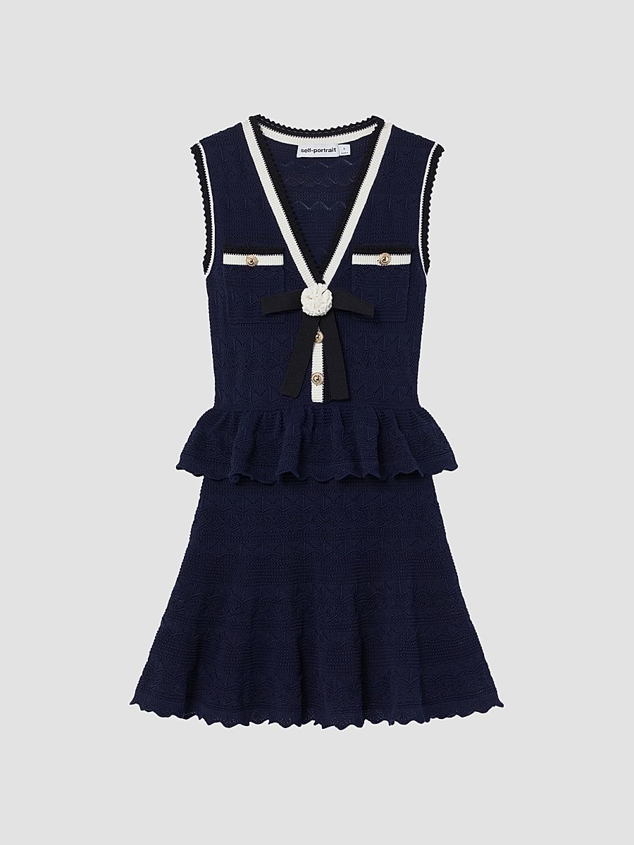 Women's Pointelle Knit Peplum Mini Dress - Navy - Size XS