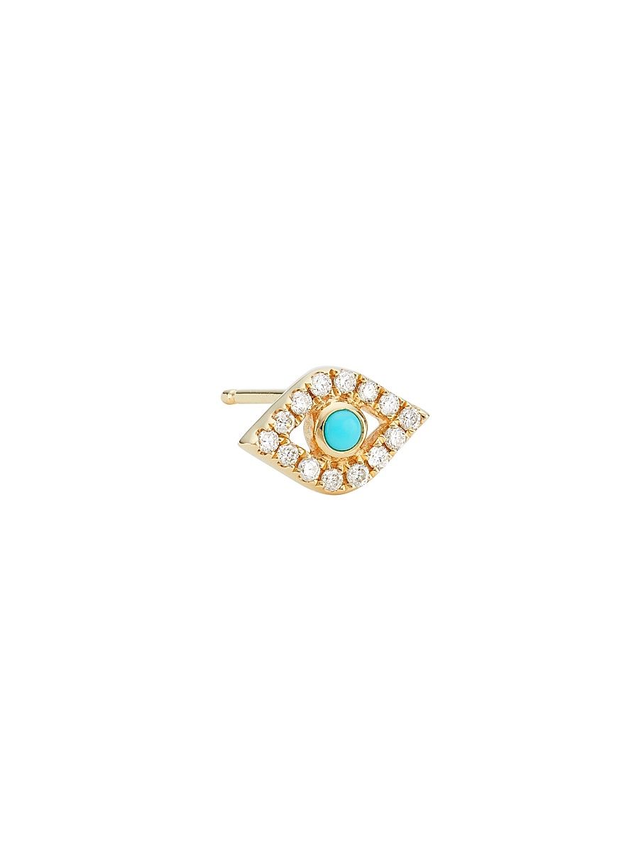 Women's 14K Yellow Gold, Diamond, & Turquoise Large Evil-Eye Stud Earring