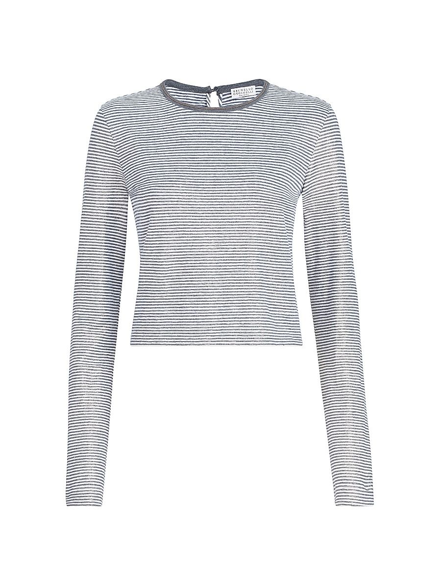 Women's Striped Linen Lamé Jersey Top with Shiny Trim - Blue - Size XXS