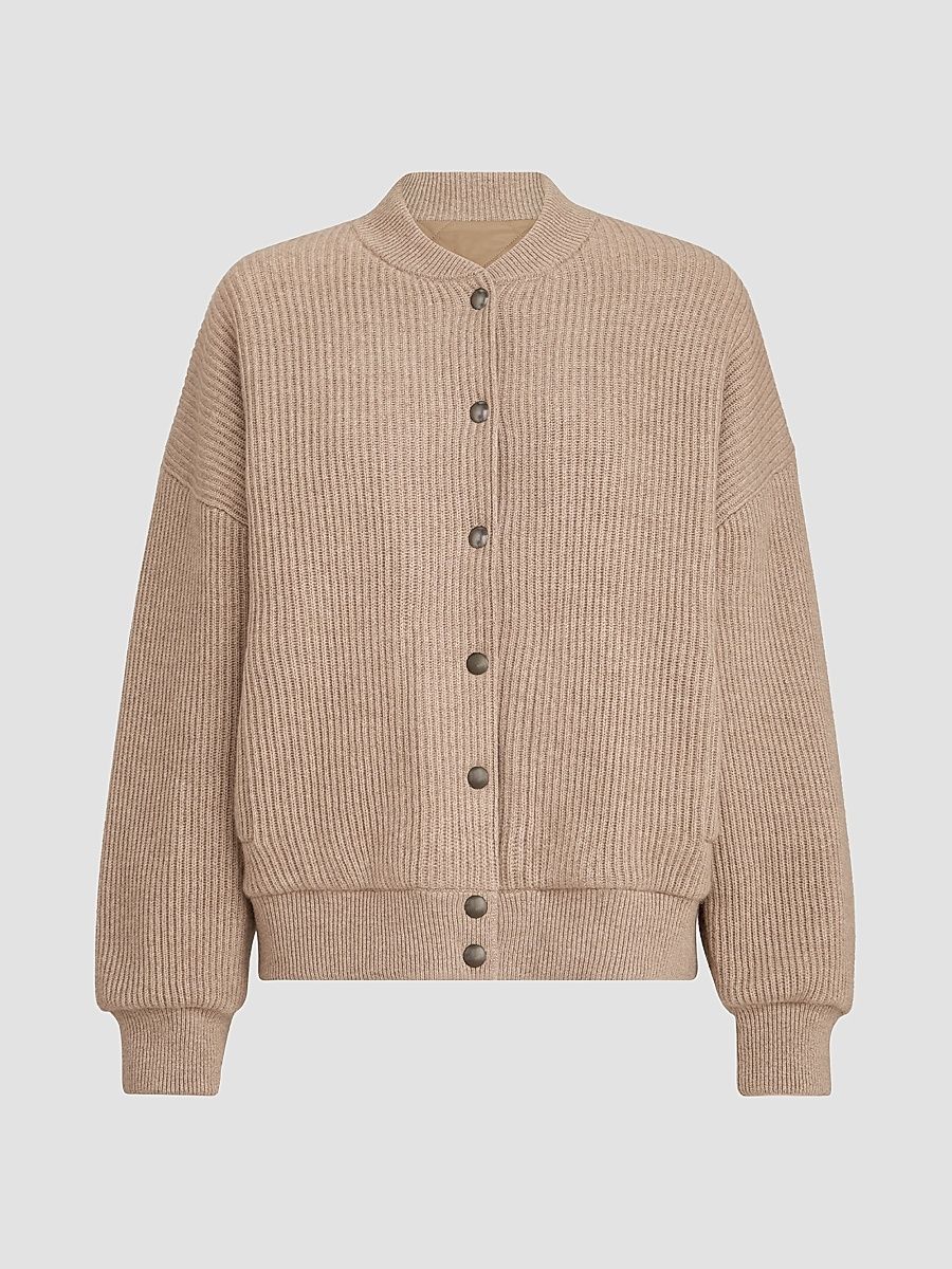 Women's Cashmere English Rib Knit Bomber Jacket with Thermore Padding - Cashmere Beige - Size XXS