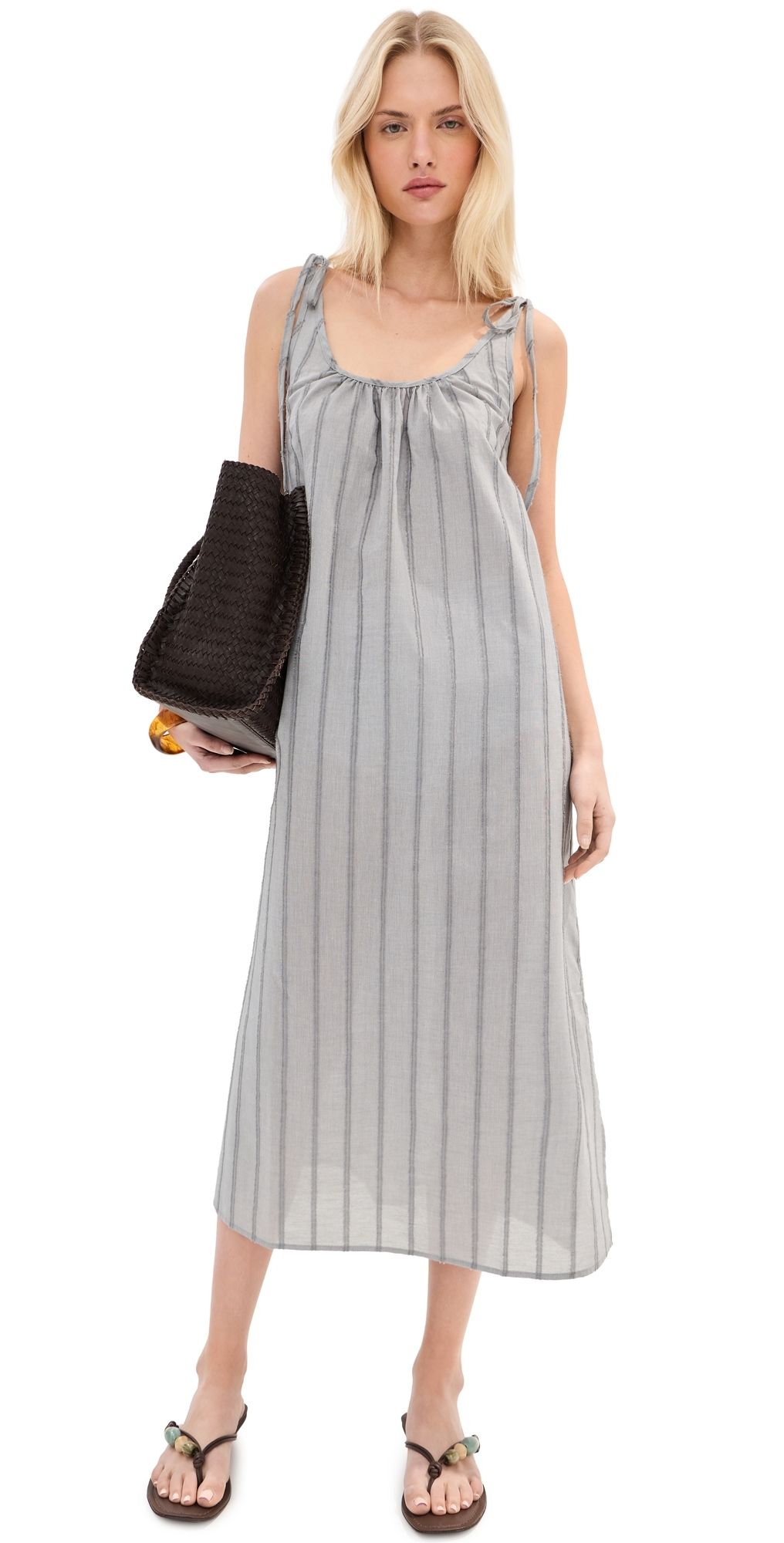 LE BOP Skylar Poplin Maxi Dress Grey Shadow Stripe XXL