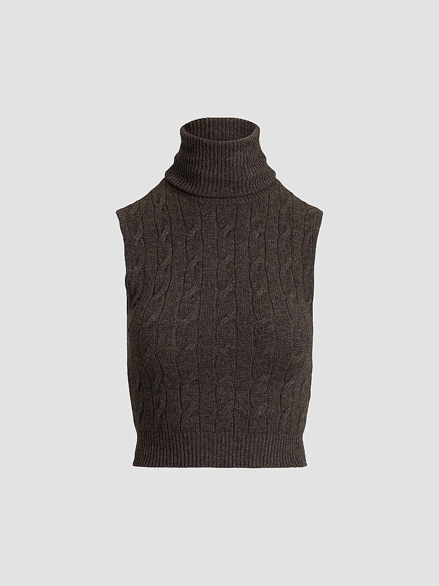 Women's Cable-Knit Cashmere Turtleneck Top - Taupe Grey - Size Small