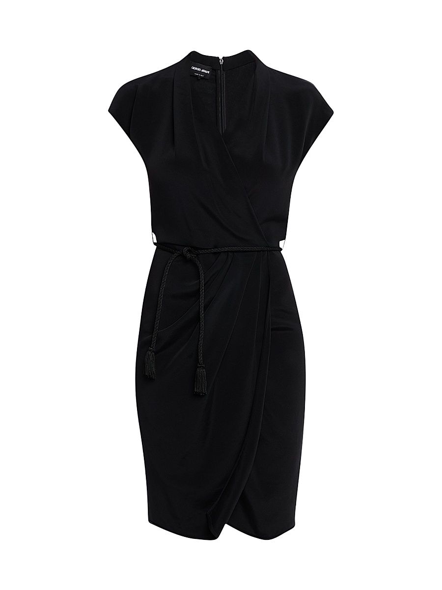 Women's Draped Belted Wrap-Style Cocktail Dress - Solid Black - Size 18