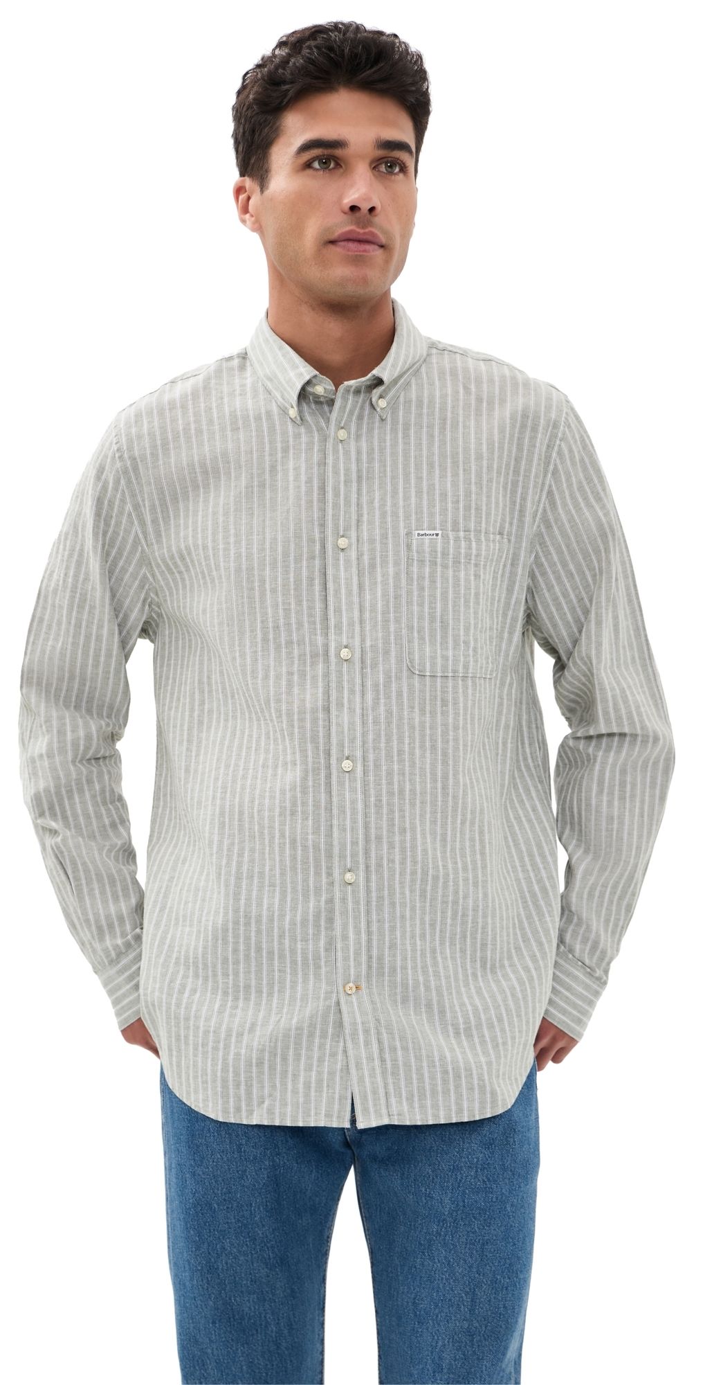 Barbour Nelson Stripe Long Sleeve Tailored Shirt Bleached Olive XXL