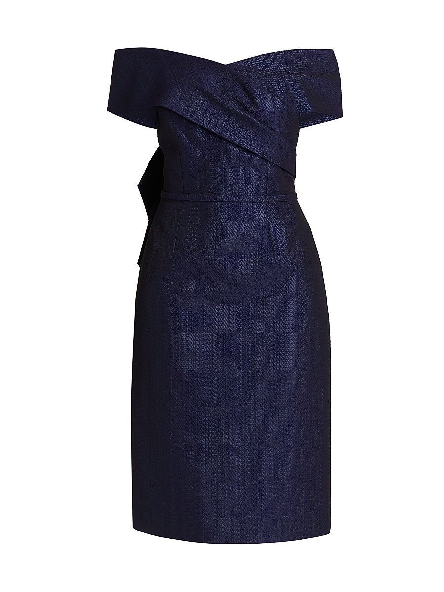 Women's Bow Metallic Jacquard Off-the-Shoulder Dress - Sapphire - Size 16