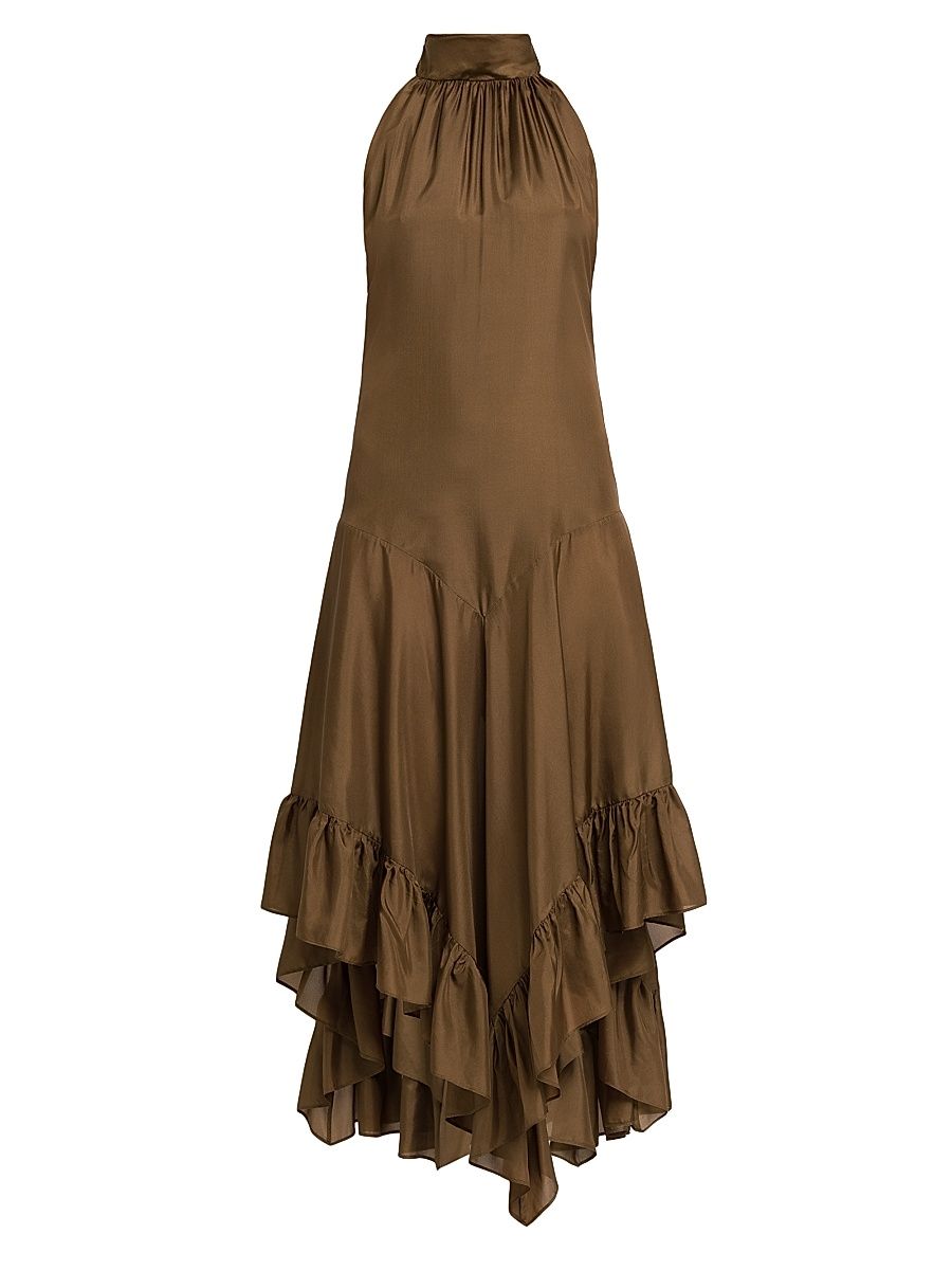 Women's Ruffled Silk Halter Maxi Dress - Brown - Size 10