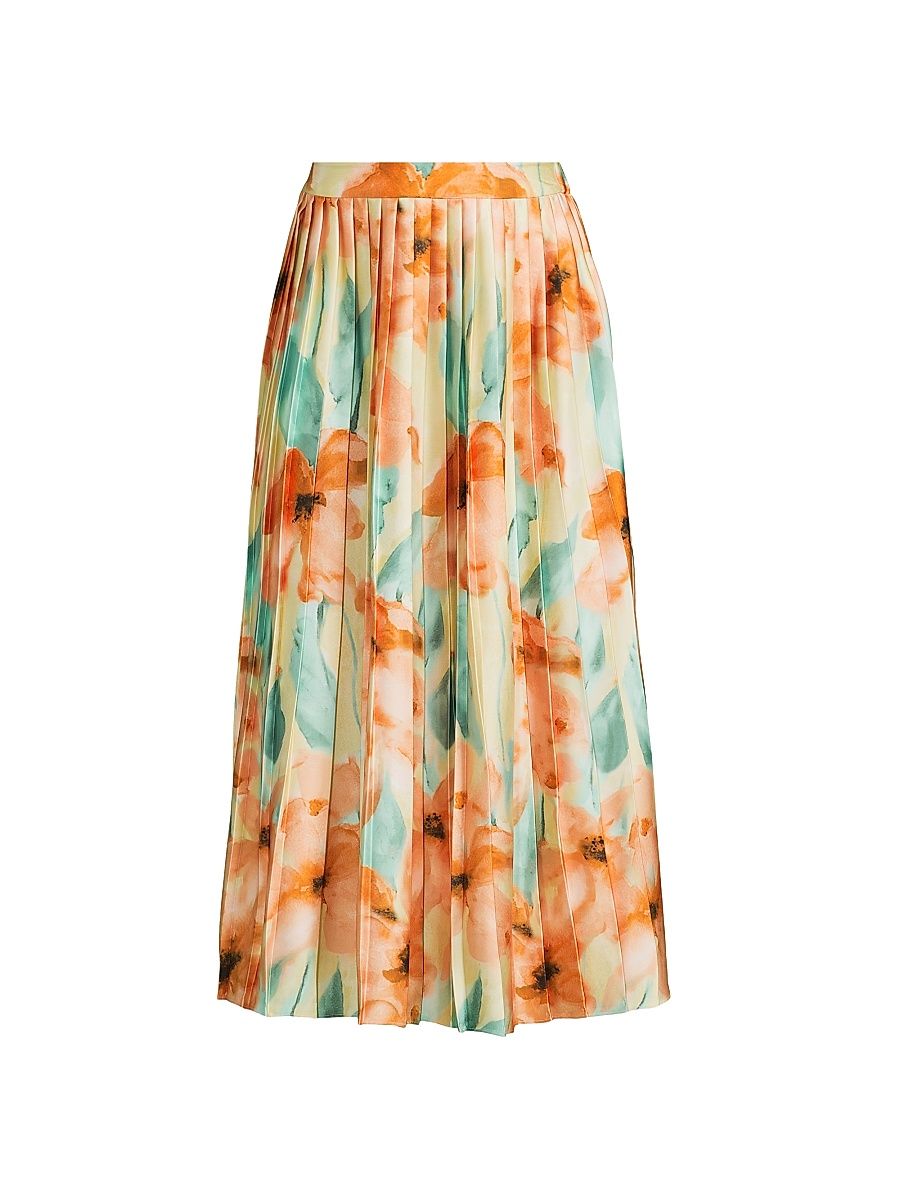 Women's Floral Pleated Crepe de Chine Midi-Skirt - Sunglow Amber Glow Fresh Mint - Size XXL