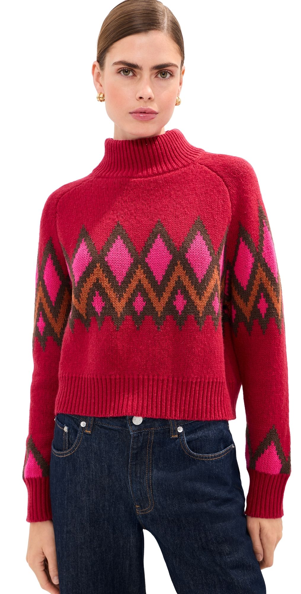 LE BOP Lindsay Turtleneck Sweater Red Fair Isle XXS