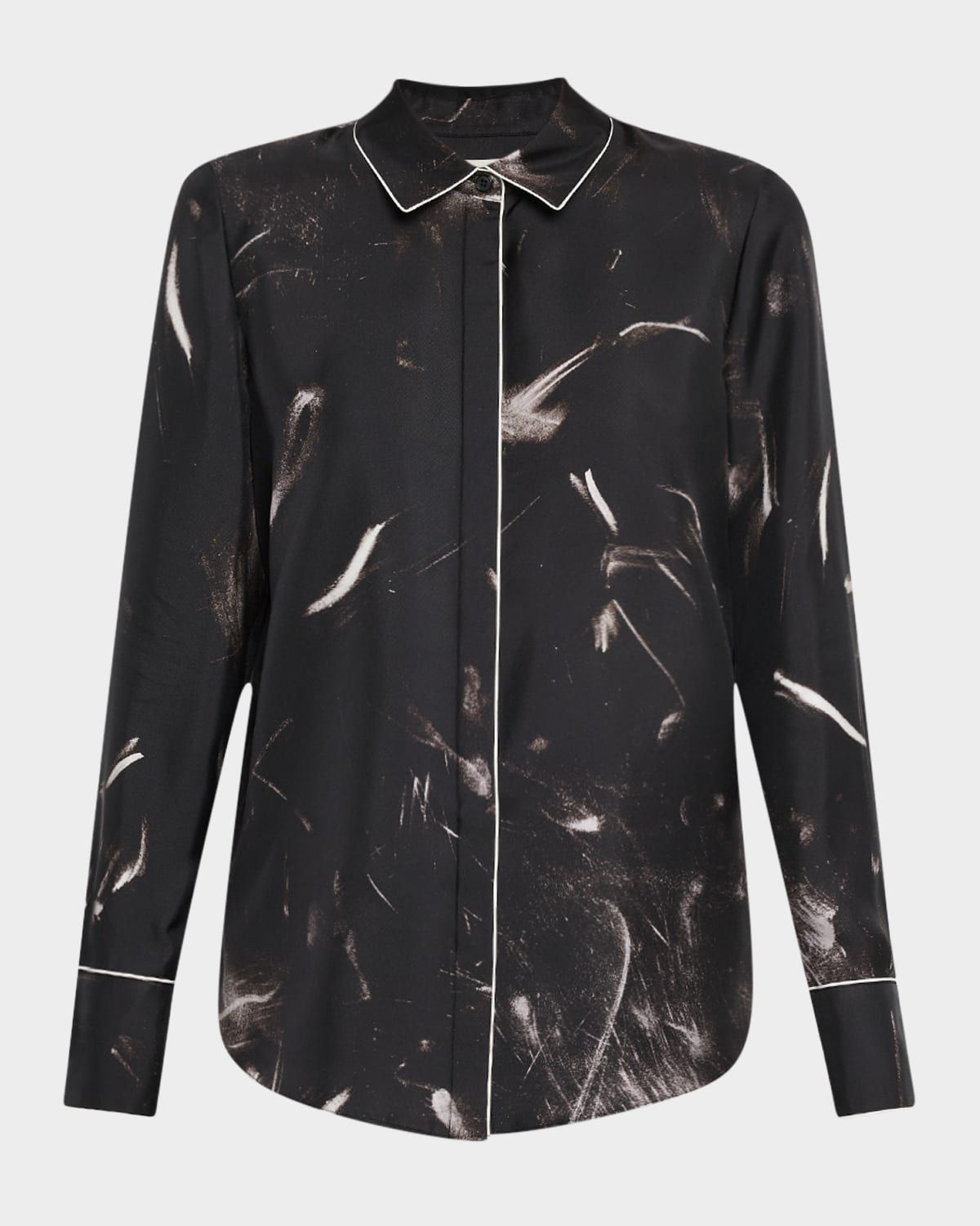 Scottie Piped Abstract-Print Silk Blouse