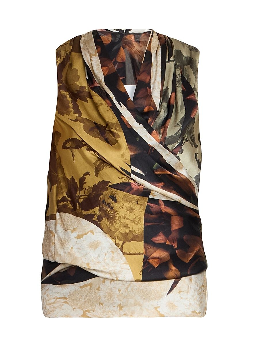 Women's Floral Draped Silk Top - Brown Variant - Size 4