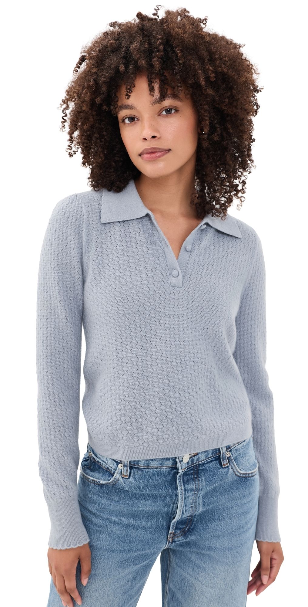 FRAME The Long Sleeve Honeycomb Polo Sweater Grey Blue XL