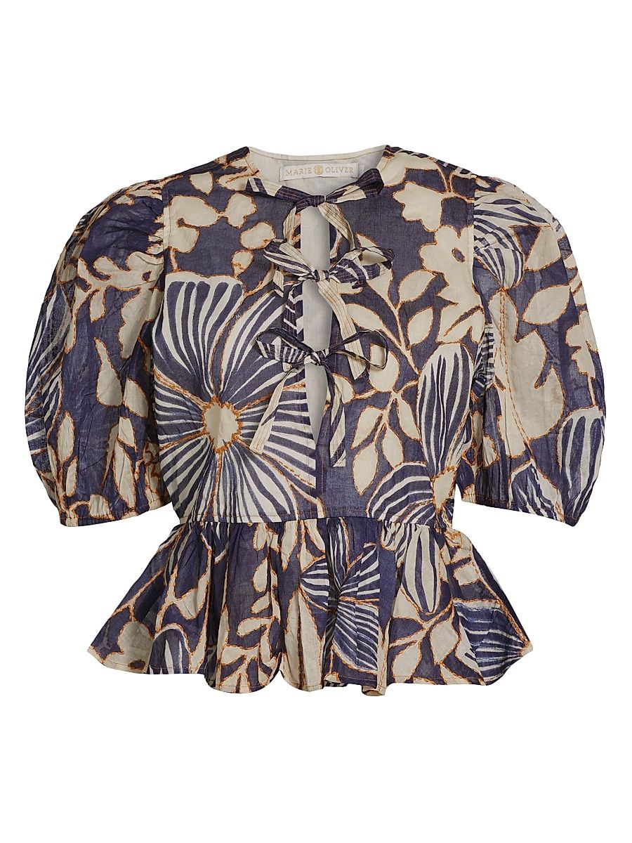 Women's Estella Floral Cotton Puff Sleeve Top - Moon Flower - Size Small