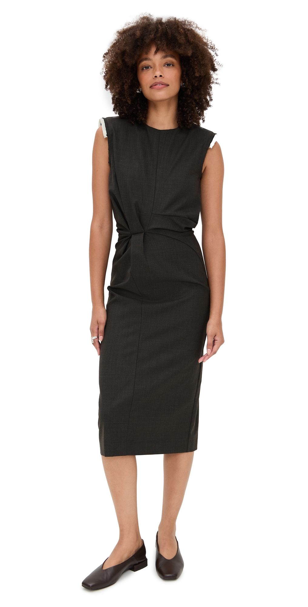 MEIMEIJ Wool Blend Sleeveless Midi Dress with Frayed Shoulder Charcoal 38