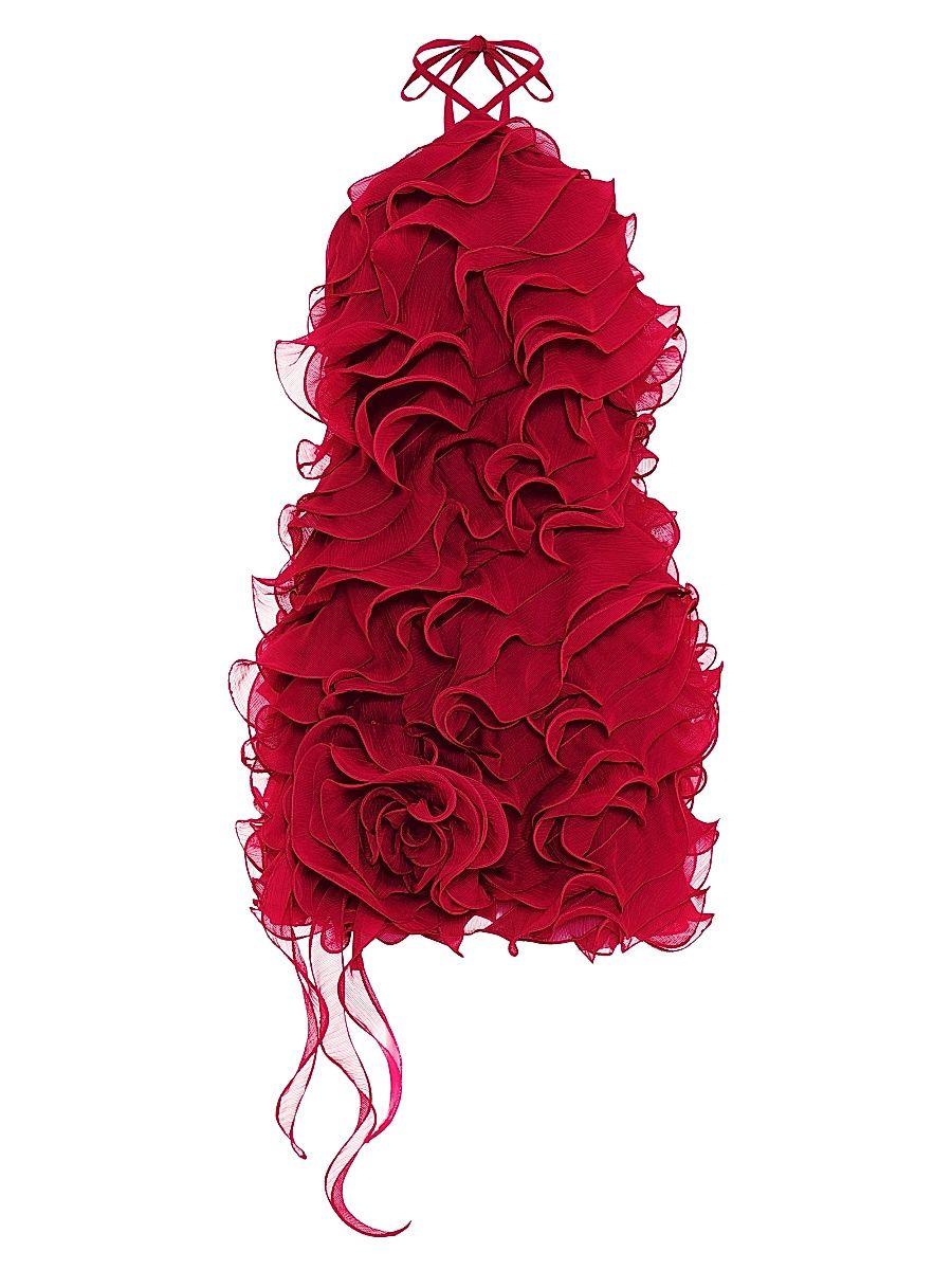 Women's Ruffle Silk Halterneck Minidress - Dark Pink - Size 8