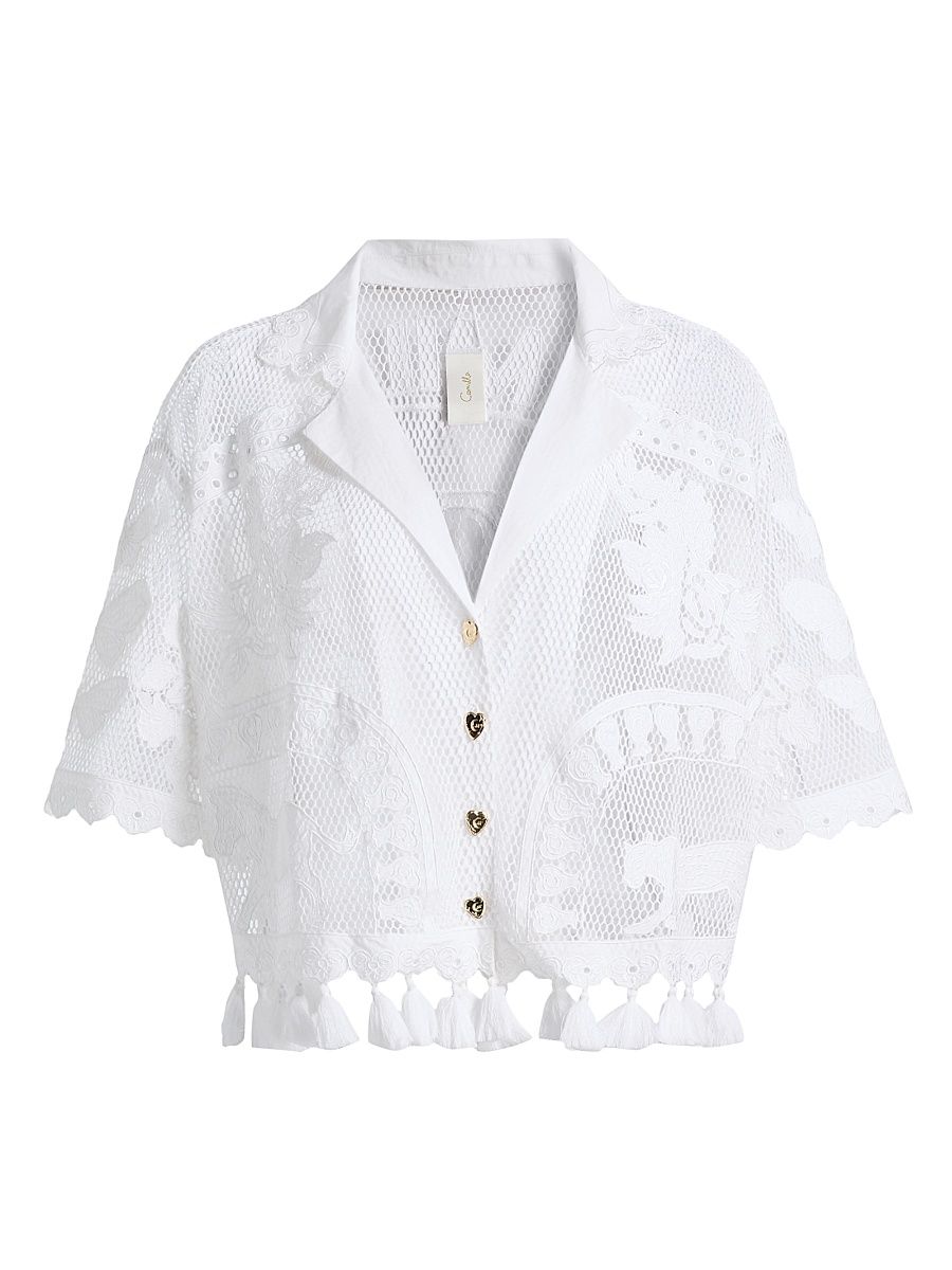 Women's Lace Camp Collar Crop Blouse - Size Medium