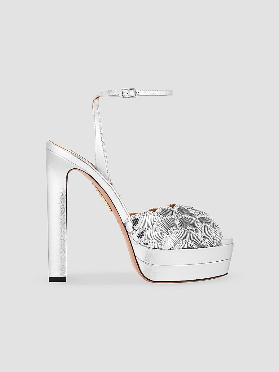 Aquazzura Women's Ce Soir 130MM Sequin-Embellished Leather Platform Sandals - Silver - Size 12