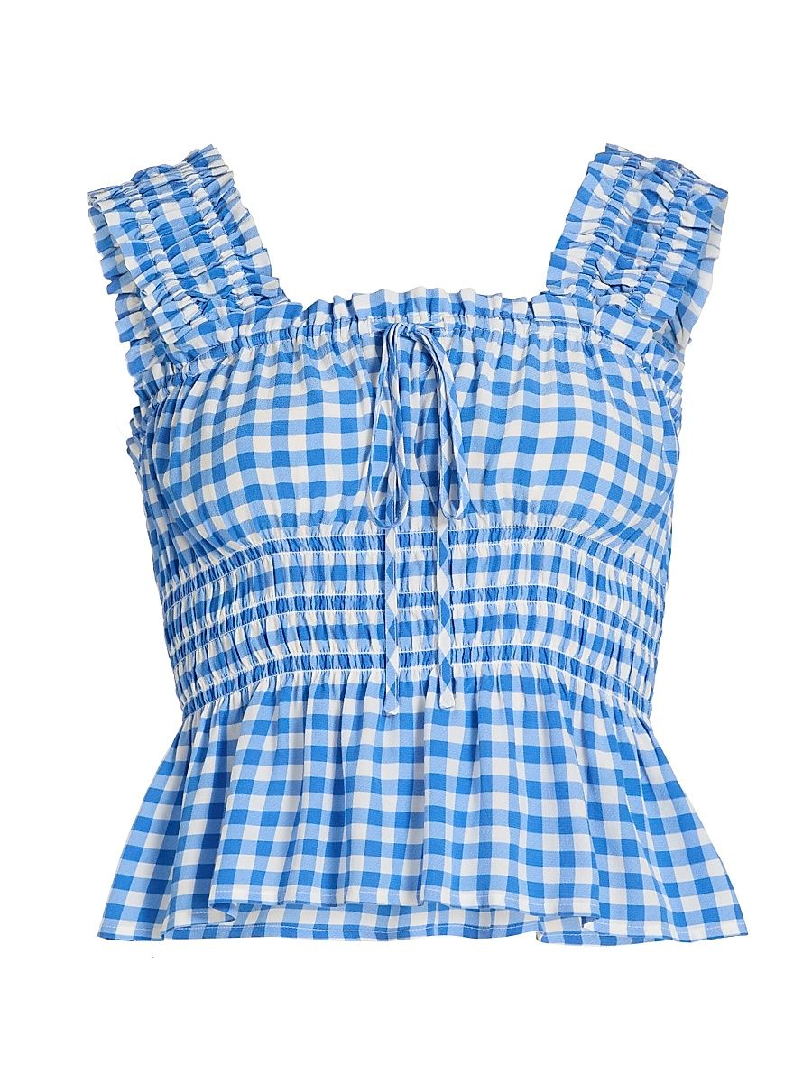 Women's Donna Peplum-Waist Sleevleless Gingham Crop Top - Azure Gingham - Size XS