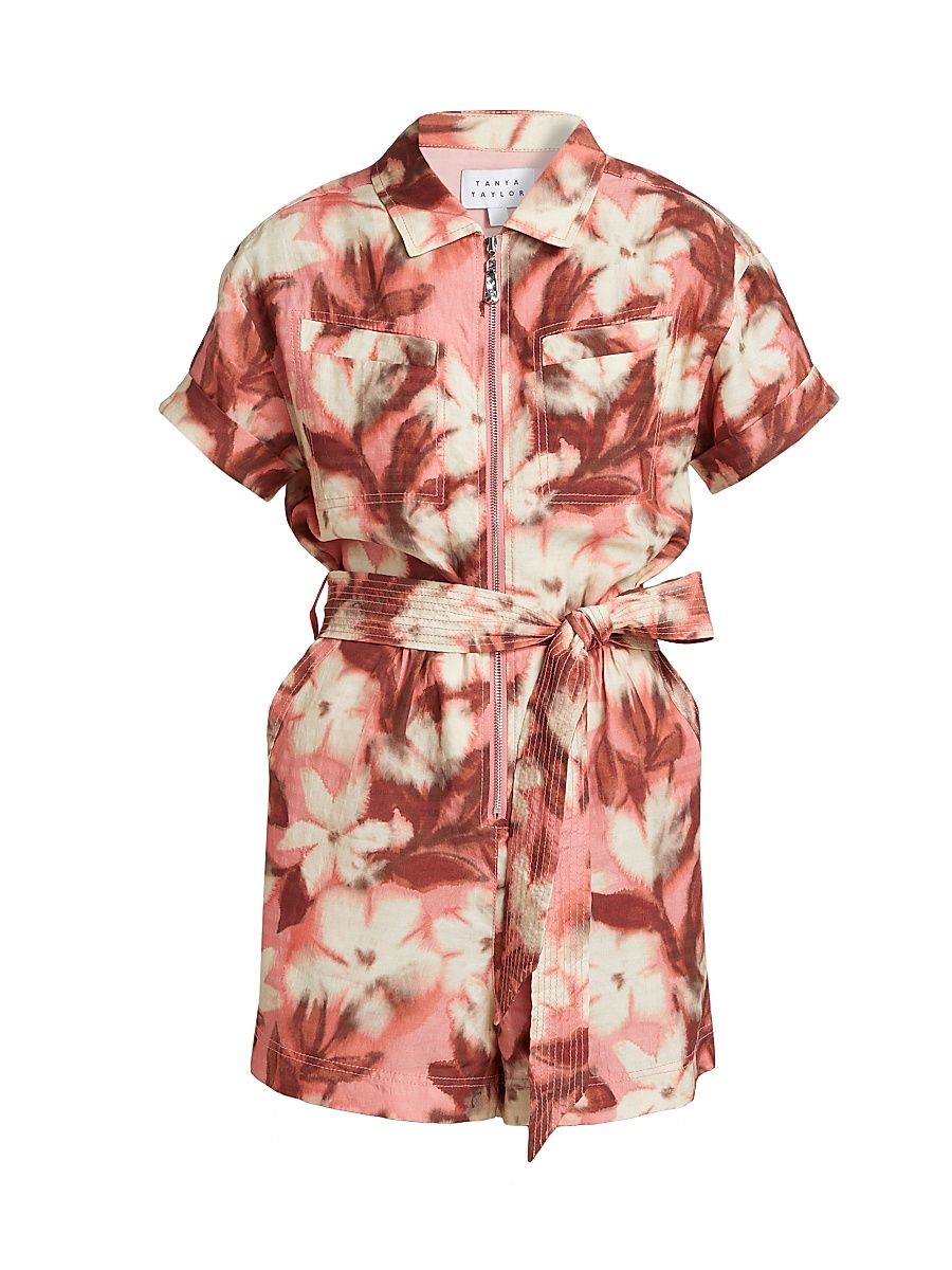 Women's Skye Abstract Linen-Blend Tie-Waist Romper - Gernaium Pink Multi - Size Small