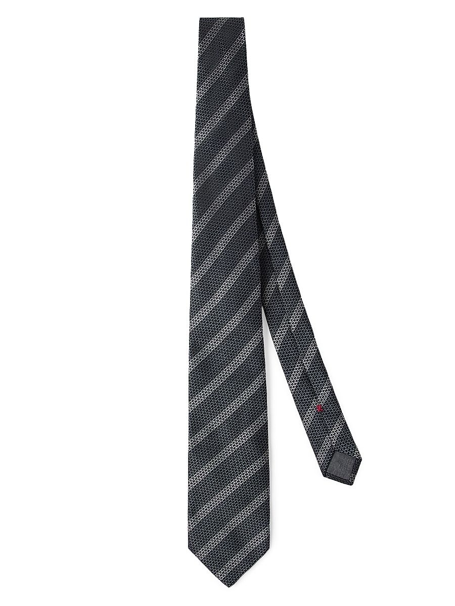 Men's Textured Silk Tie with Stripes - Medium Grey