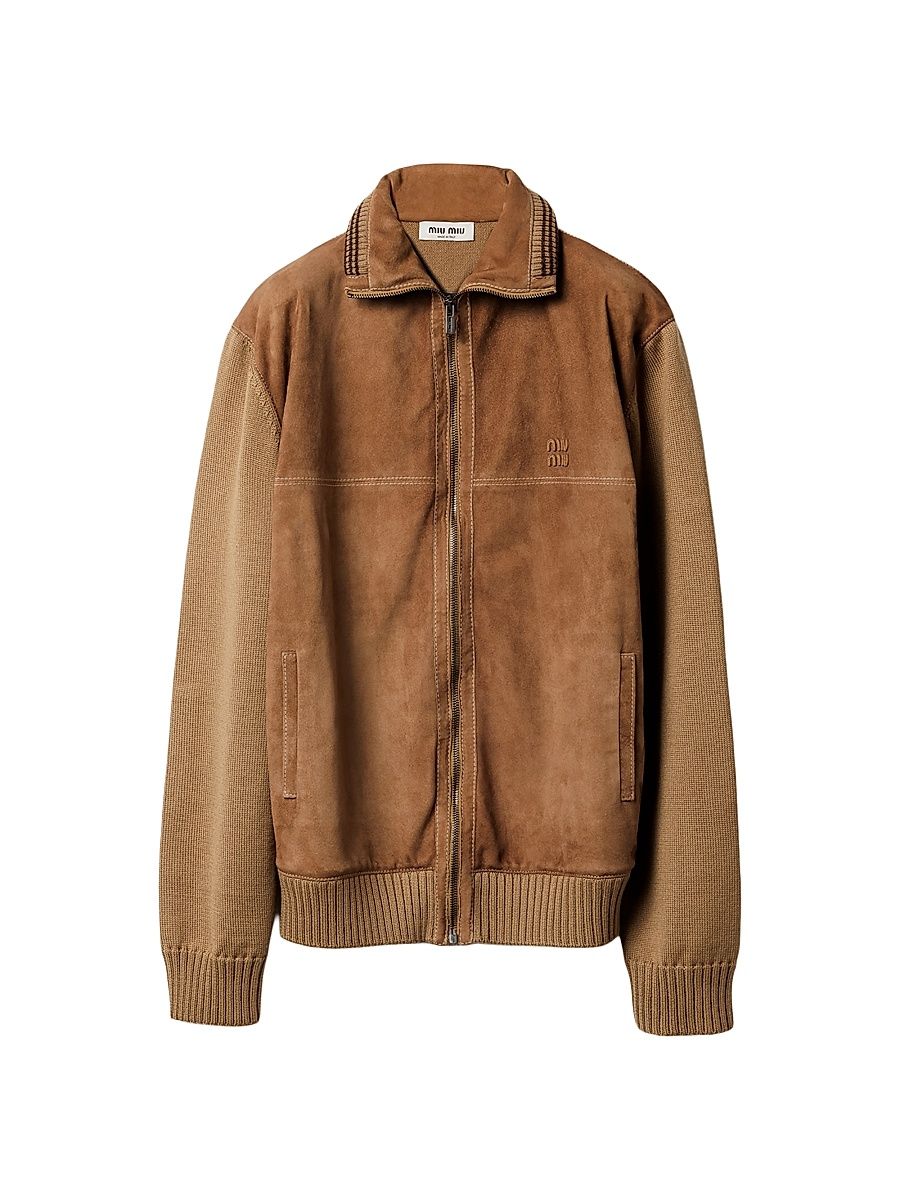 Women's Wool and Leather Zipper Cardigan - Brown - Size 8