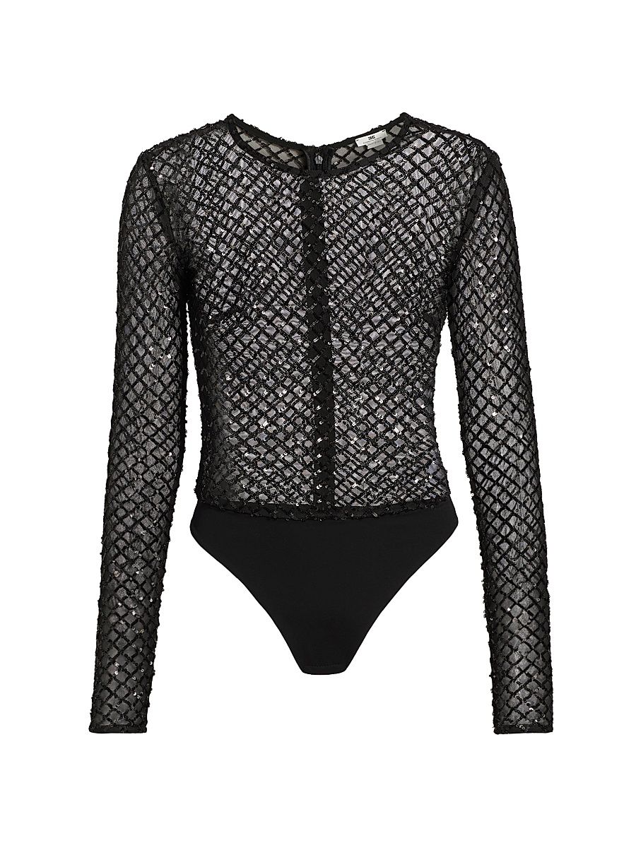 Women's Sequined Mesh Bodysuit - Black - Size 4