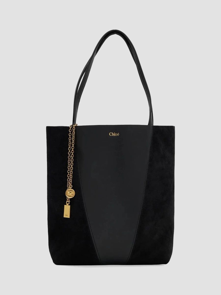 Women's Spin Medium Suede & Smooth Leather Tote Bag - Black