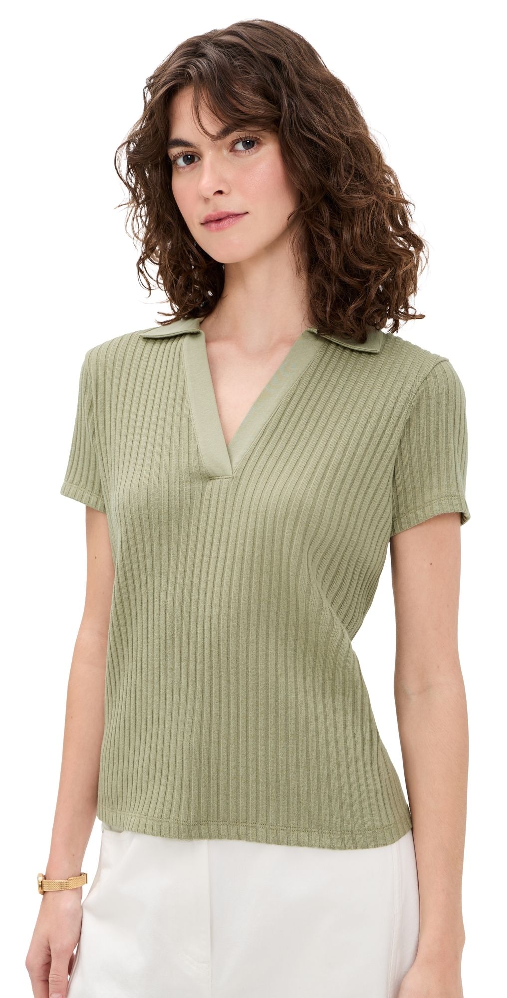 Vince Rib Short Sleeve Polo Olive Stone S