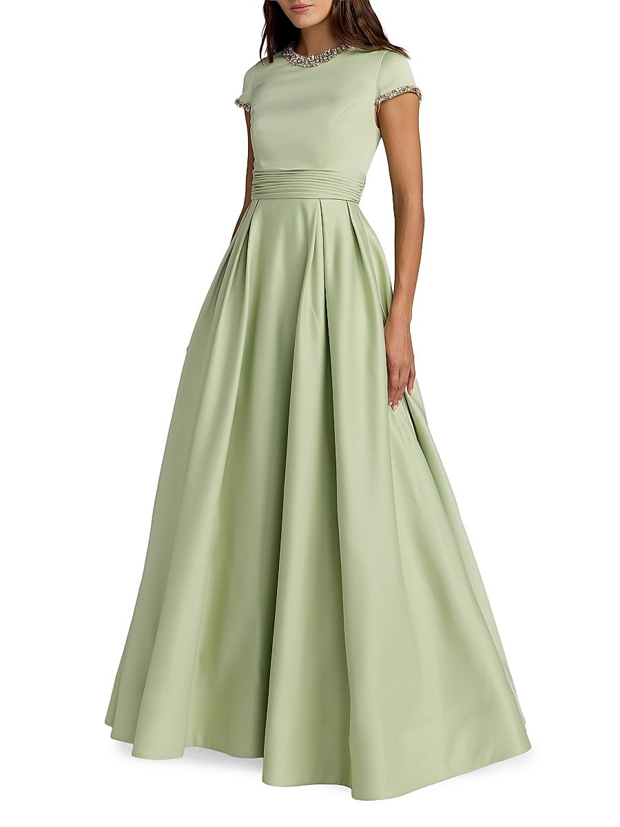 Women's Embellished Satin Cap-Sleeve Gown - Sage - Size 16