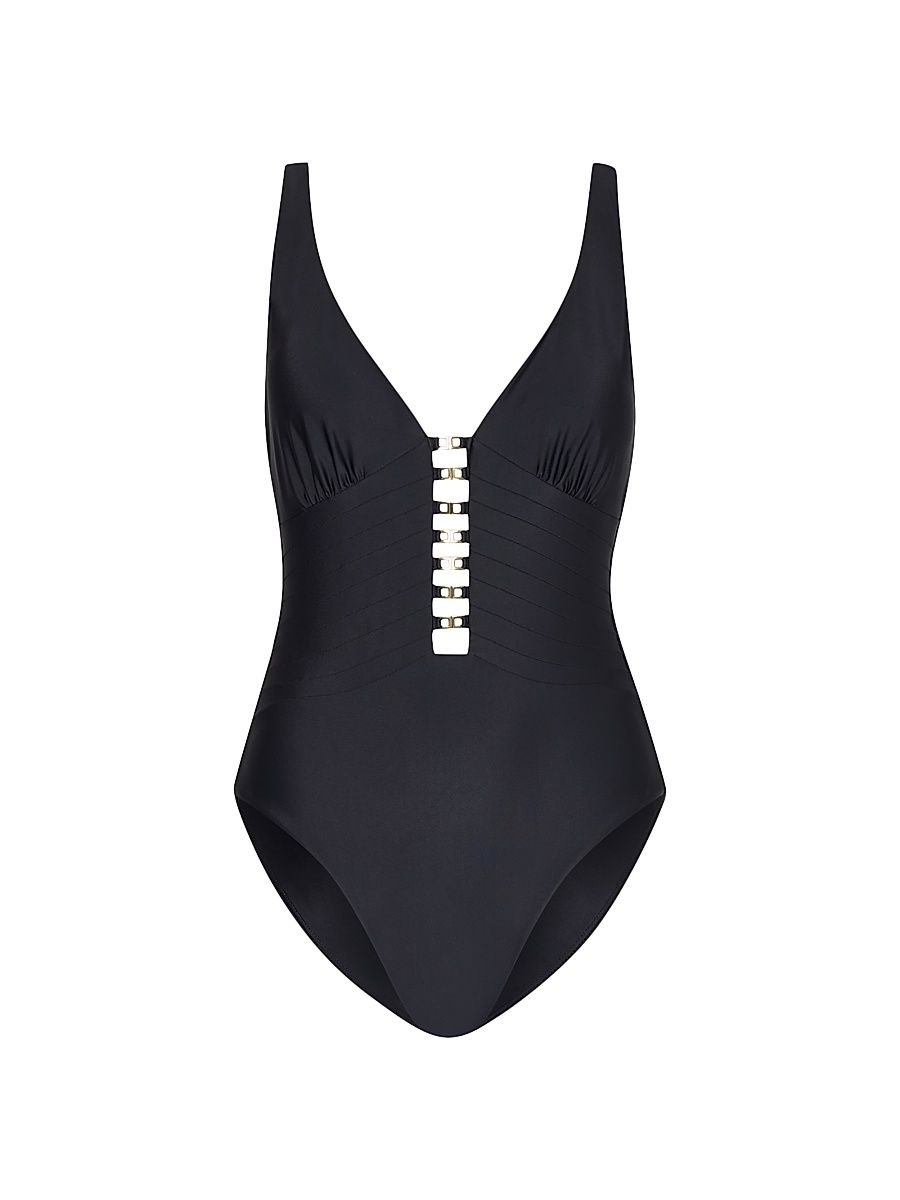 Women's Embellished One-Piece Swimsuit - Black - Size Large