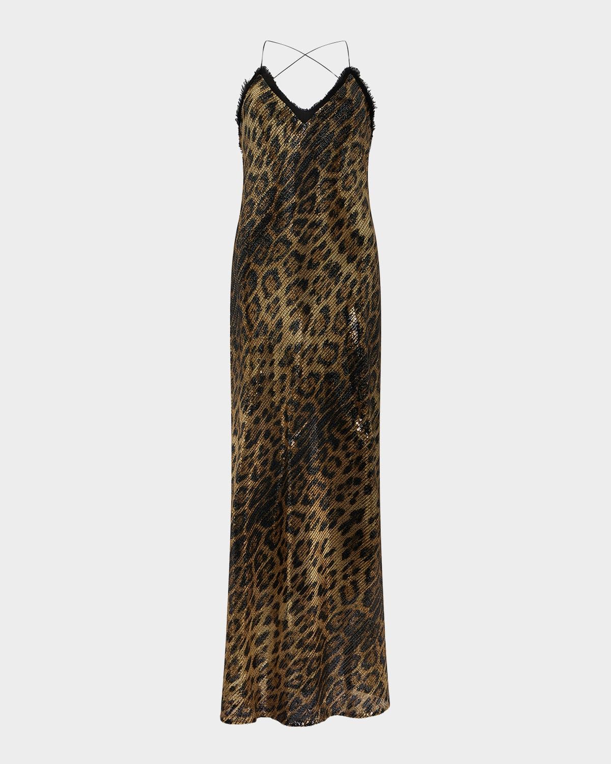 Jaguar-Print Sequined Backless Maxi Slip Dress
