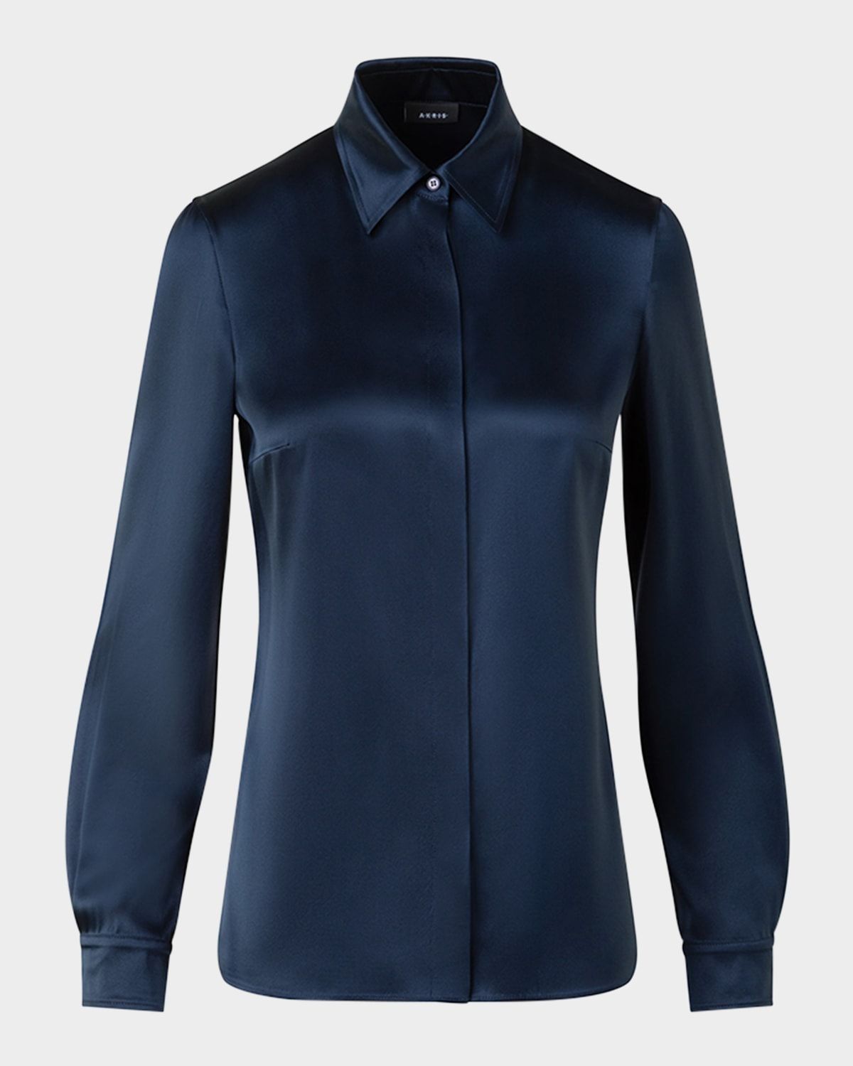 Stretch Silk Satin Button-Down Blouse