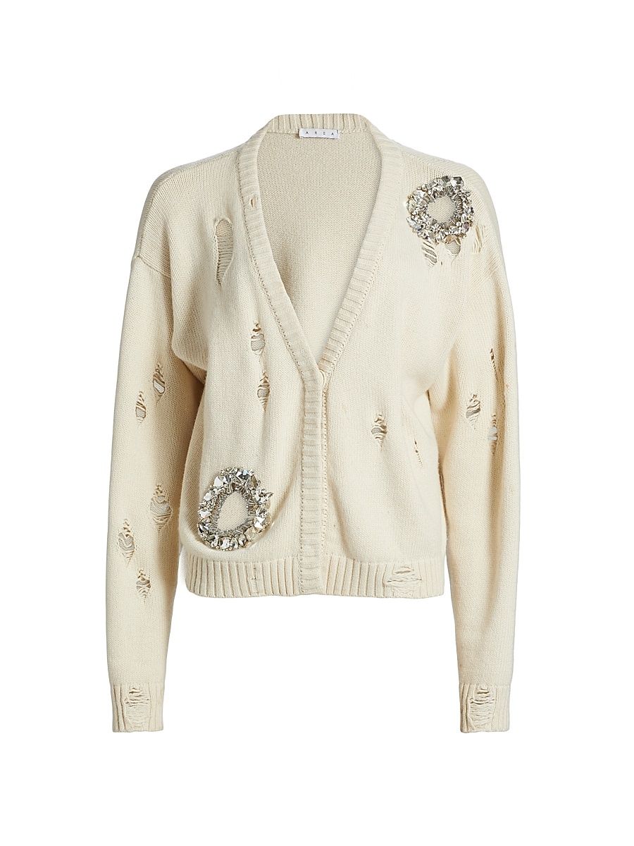 Women's Distressed Crystal Cardigan - Cream - Size Large