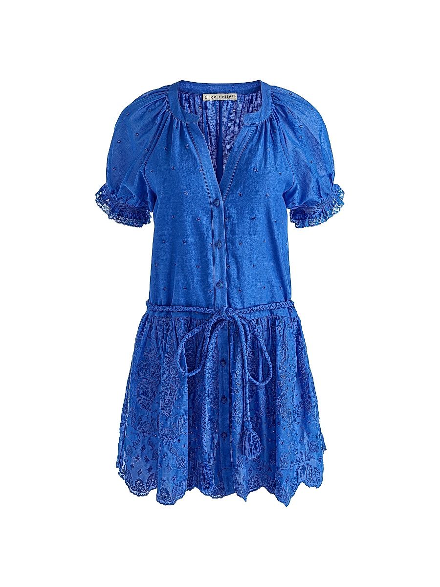 Women's Thalia Tie-Waist Eyelet Cotton A-Line Minidress - Blue Iris - Size Large