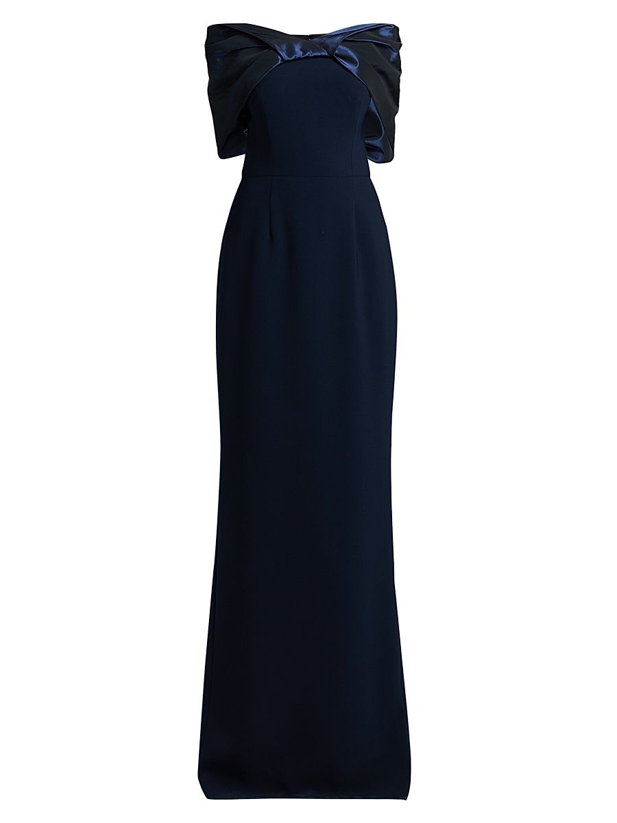 Women's Tafetta Off-The-Shoulder Crepe Column Gown - Navy - Size 18