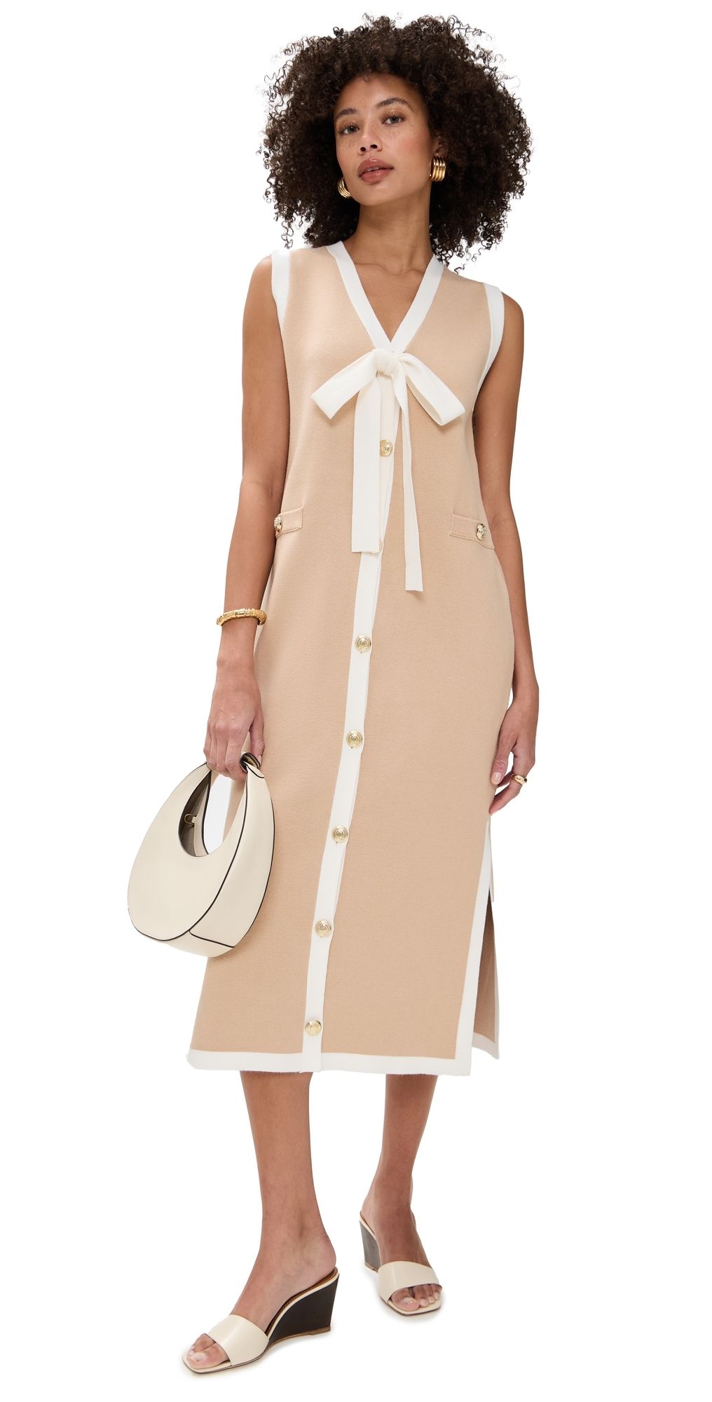 English Factory Knit Midi Dress With Ribbon Tie Beige/White M