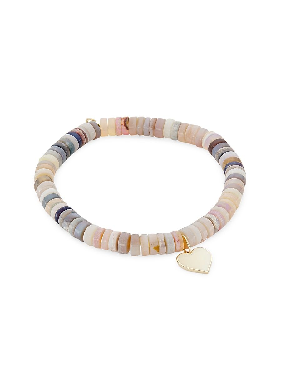 Women's 14K Yellow Gold, Enamel, & Opal Heishi Bead Heart Charm Bracelet