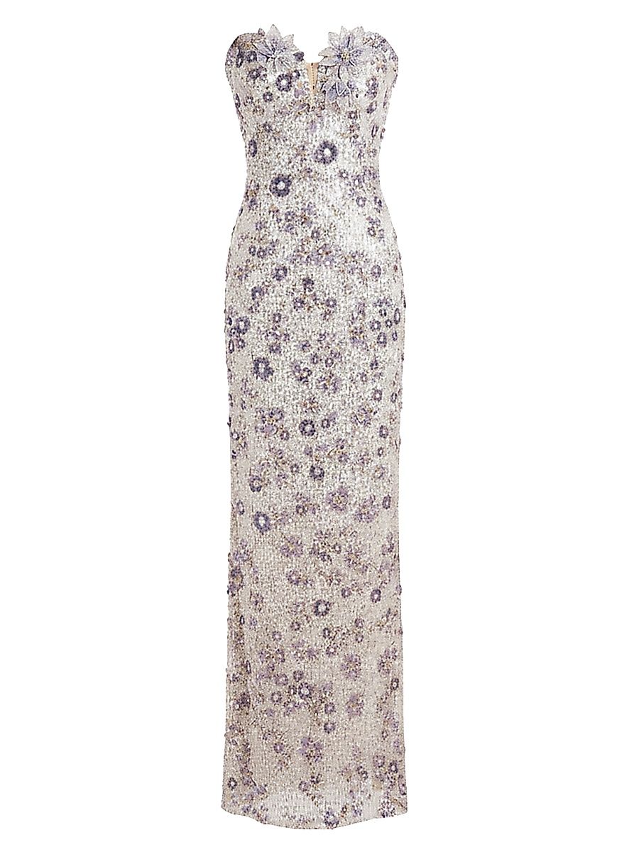 Women's Teresa 3D Flowers Sequin-Embellished Column Gown - Silver Multi - Size XL