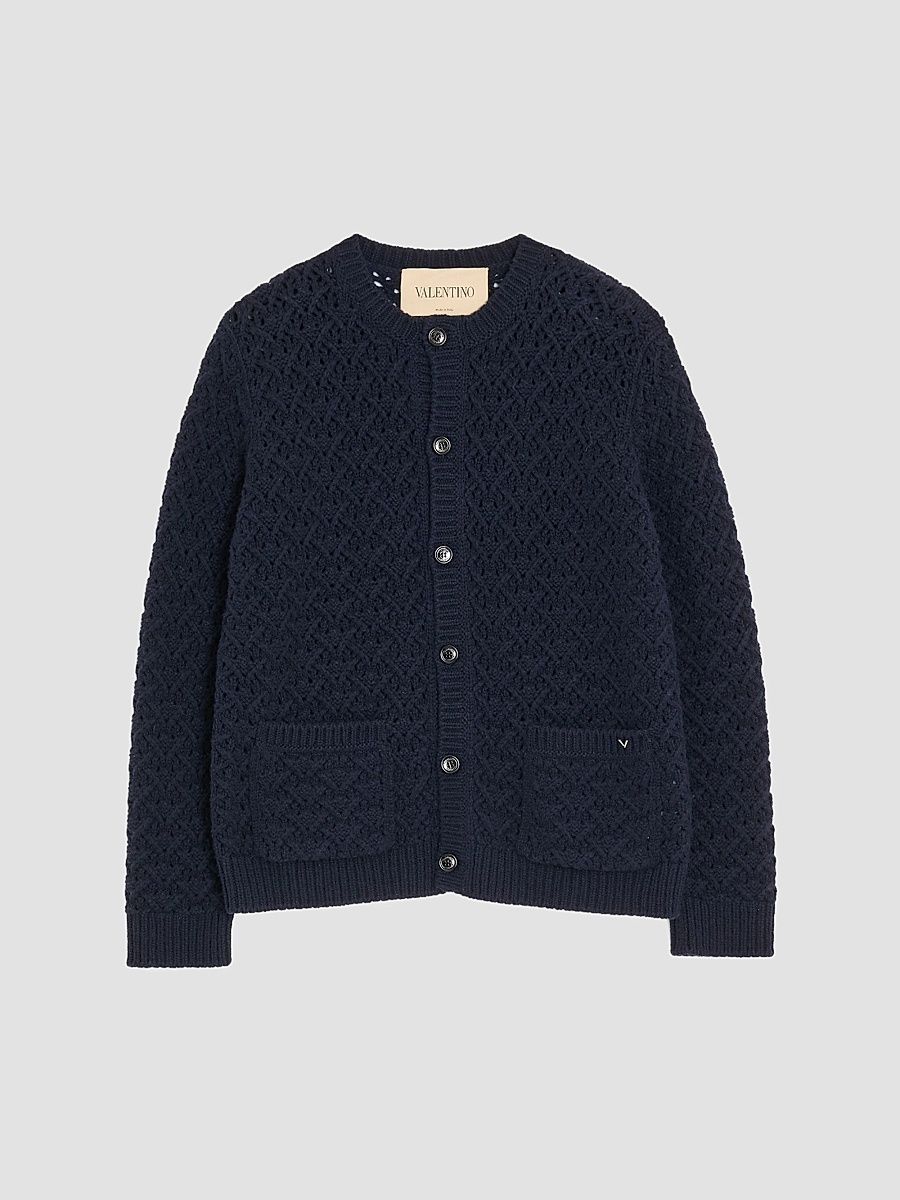 Men's Wool and Cashmere Cardigan with Metallic V Detail - Navy - Size XXXL
