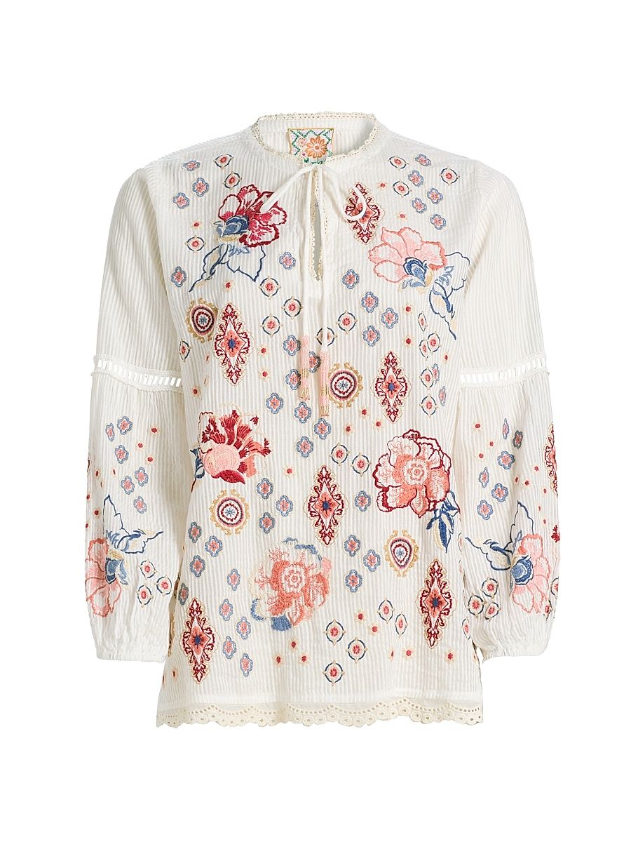 Women's Margaret Embroidered Cotton-Silk Blouse - Natural - Size XL