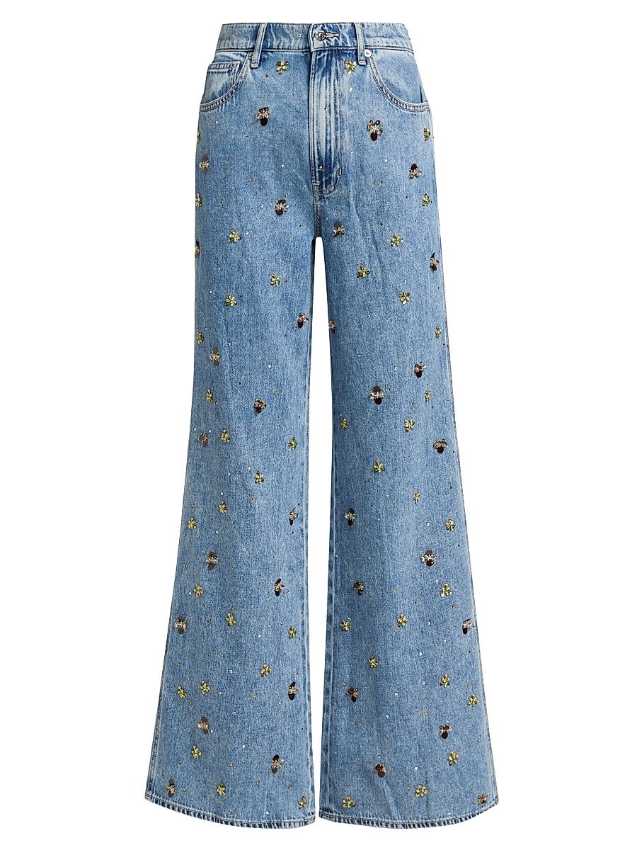 Women's Kasey Embellished Wide-Leg Jeans - Silver Dust - Size 32