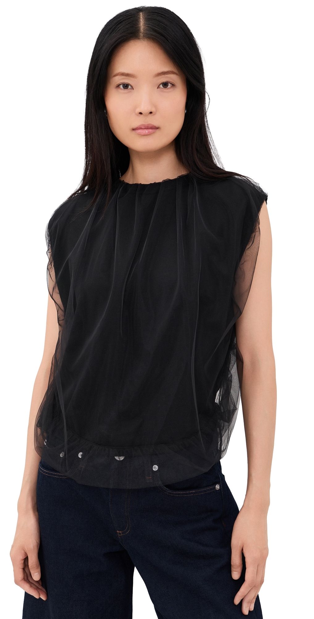 MEIMEIJ Sleeveless Tulle Jewel Neck Top Nero 44