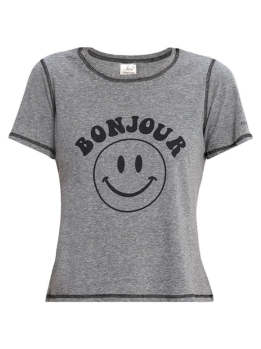 Women's Bonjour Smiley Graphic T-Shirt - Heather Grey - Size Large