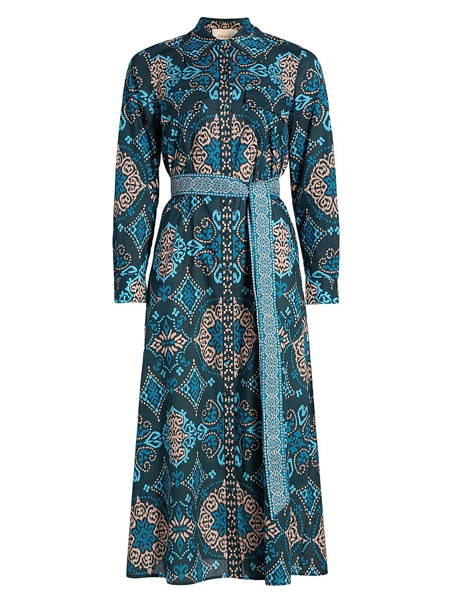 Women's Bassa Medallion Cotton Midi-Shirtdress - Medallion Bands Peacock Blue - Size Large