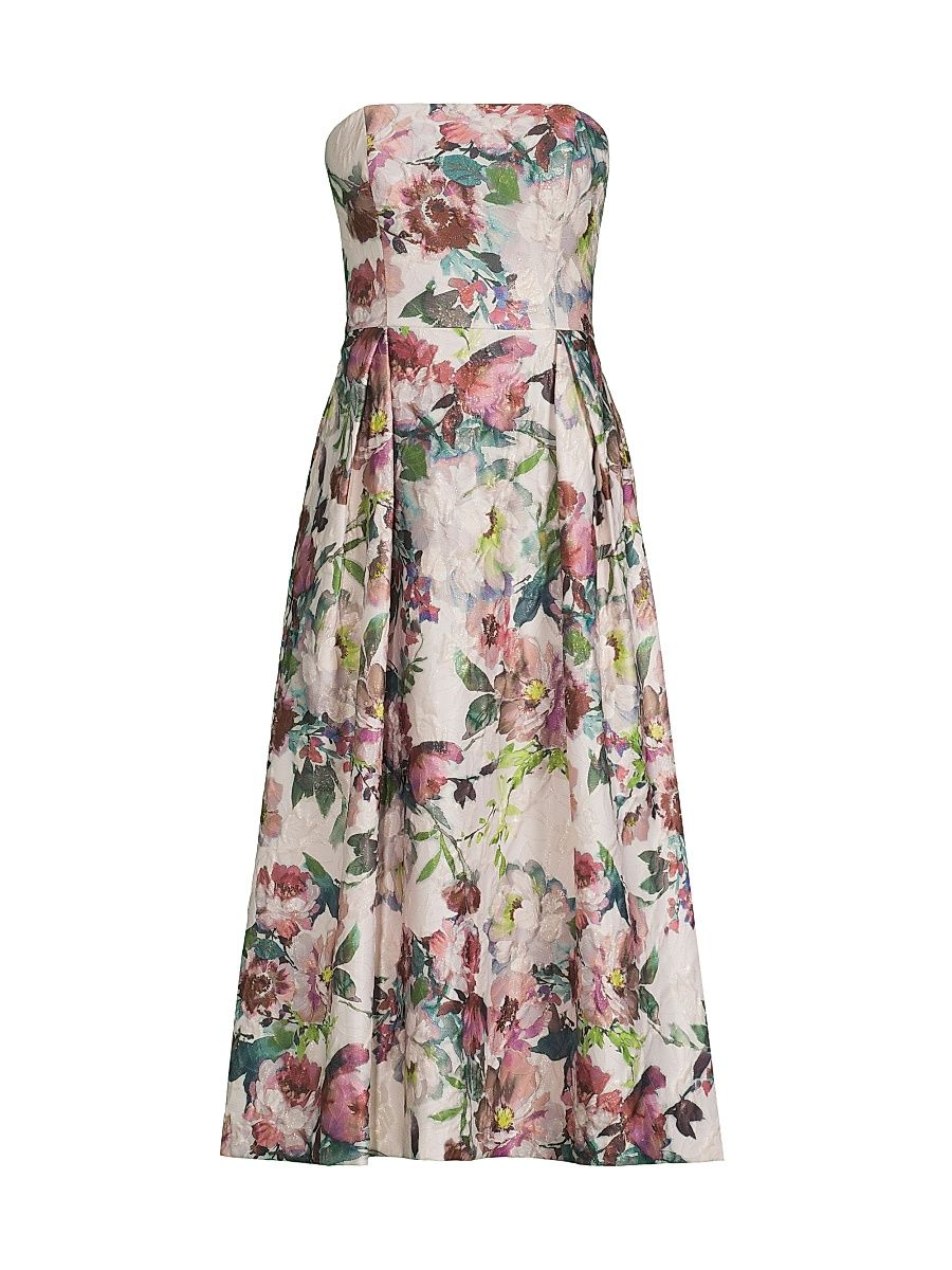 Women's Floral Jacquard Strapless A-Line Midi-Dress - Pink Multi - Size 8
