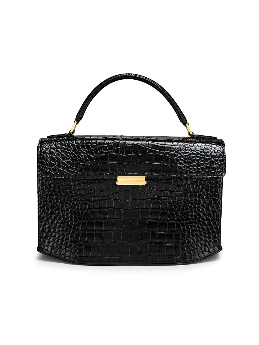 Women's Croc-Embossed Leather Top Handle Bag - Black