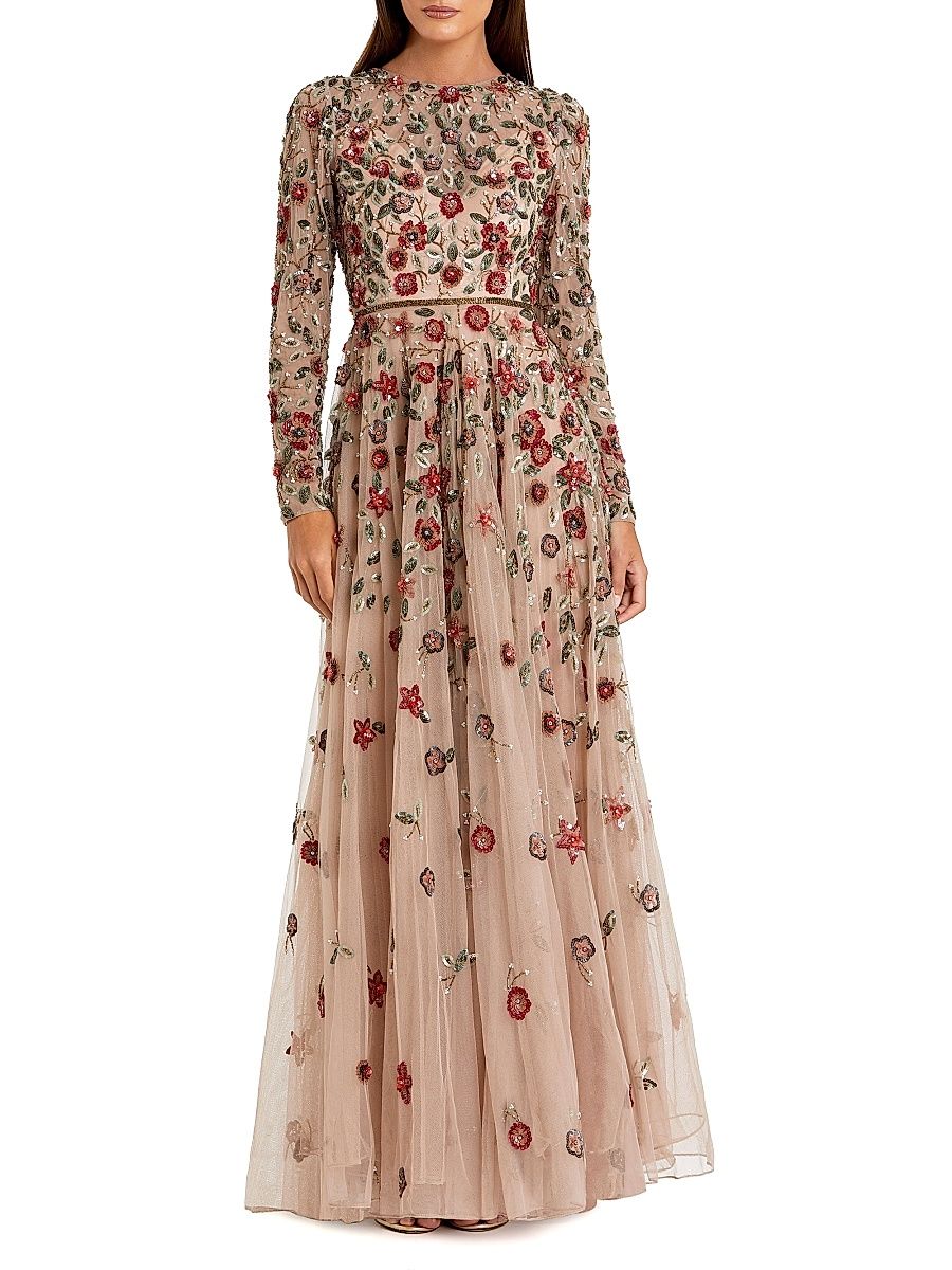 Women's Embellished Tulle Fit & Flare Gown - Antique Rose - Size 16