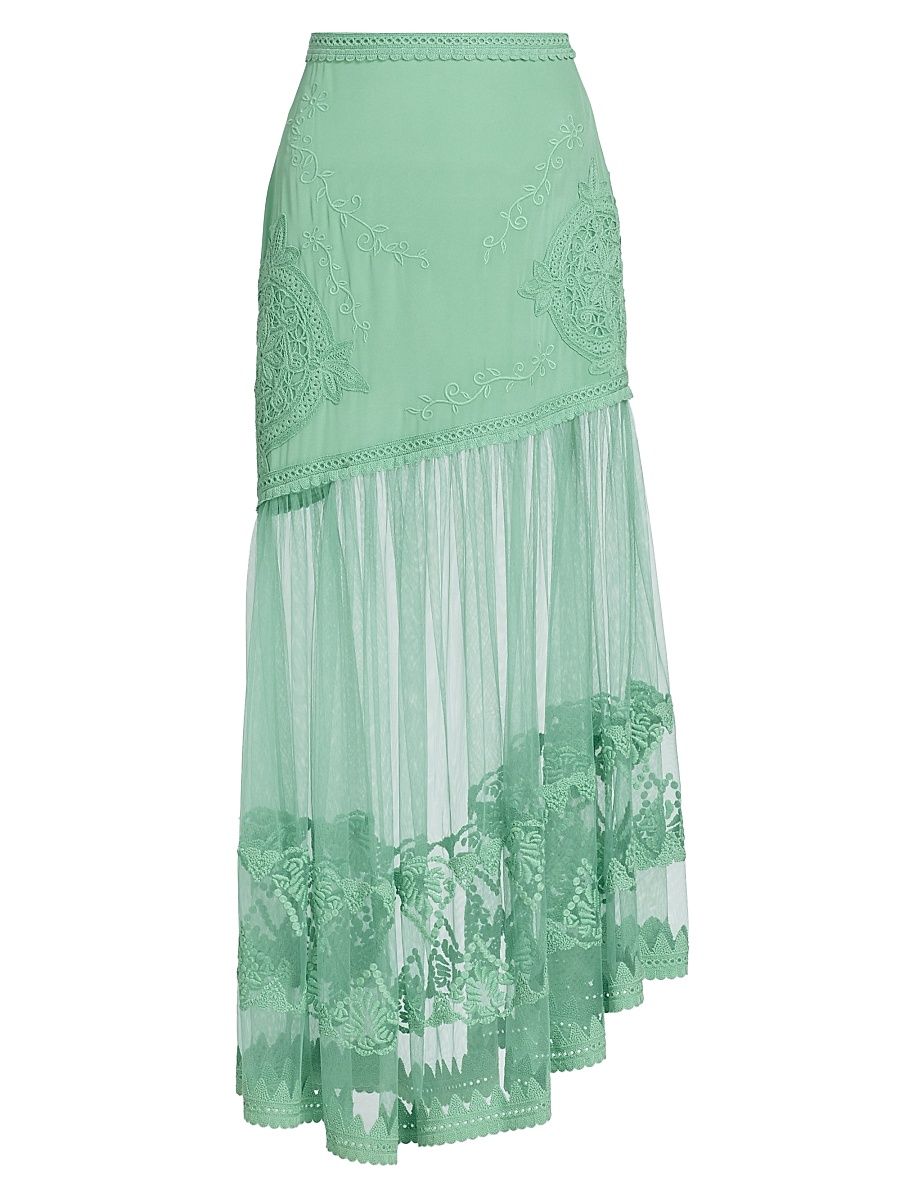 Women's Elspeth Floral-Embroidered Sheer Silk Midi-Skirt - Arctic - Size 12