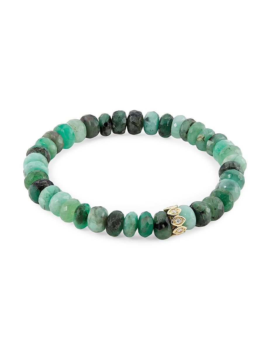 Women's 14K Gold, Emerald Bead & Diamond Rondelle Stretch Bracelet