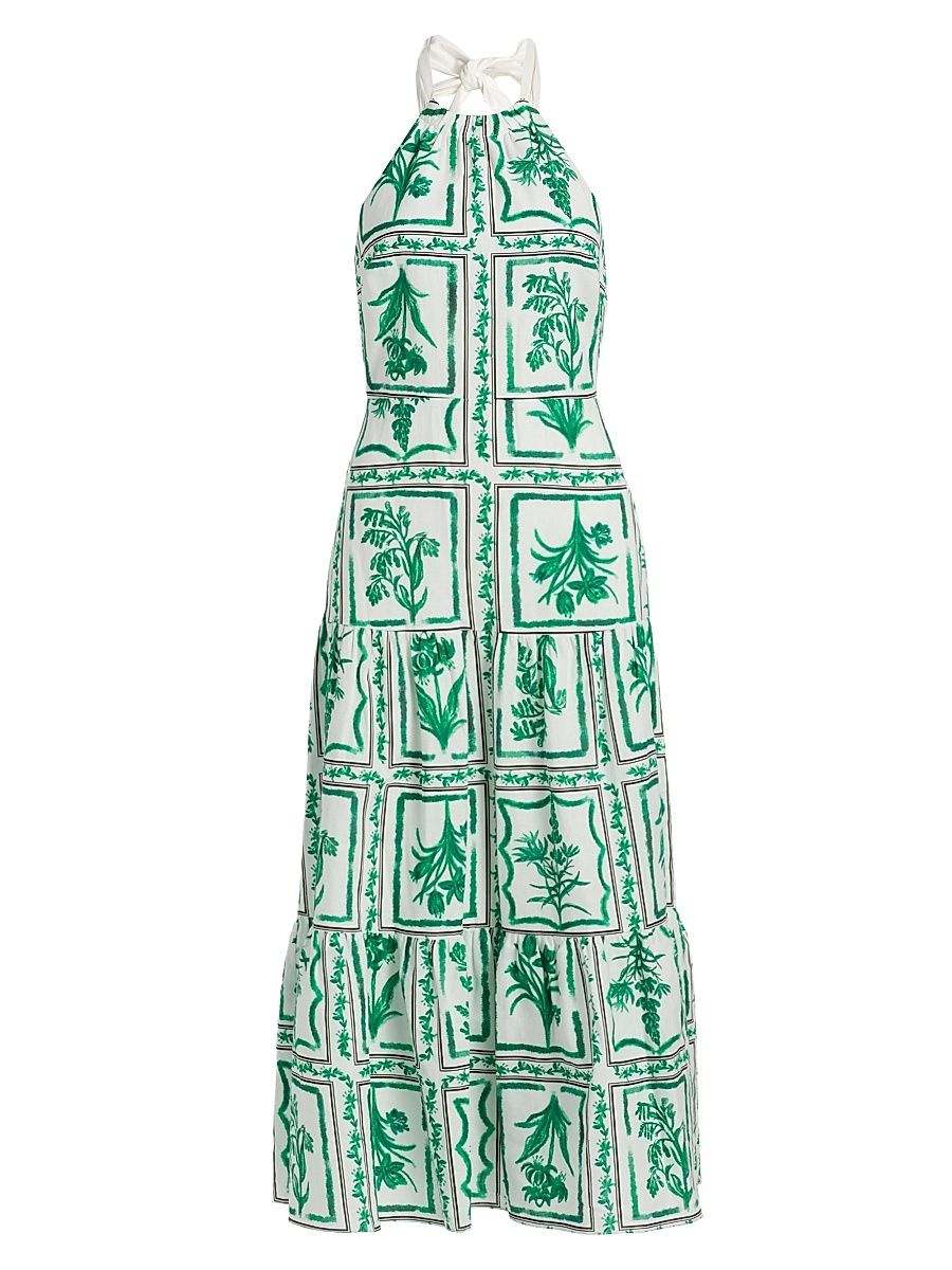 Women's Hayden Floral Tile Linen Maxi Dress - Green White - Size 12