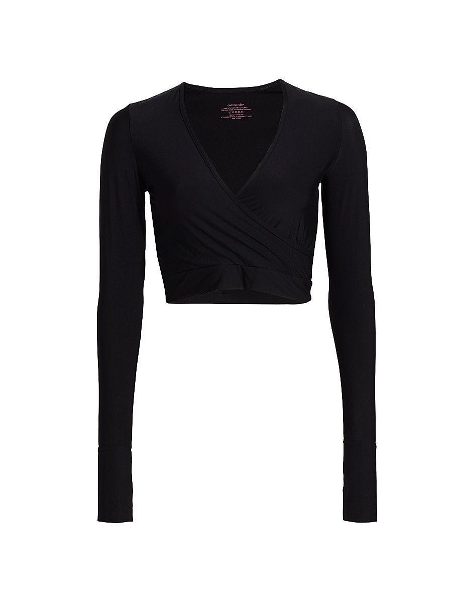 Women's Wrap Long Sleeve Cropped Top - Black - Size XL